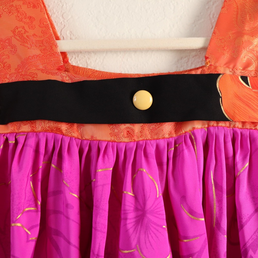 Vintage Handsewn Micronesian Dress Floral Orange Pink Square Neck Puff Sleeve - Picture 6 of 15